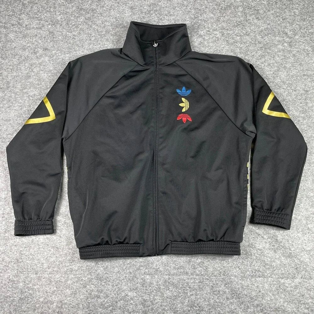 Adidas Track Jacket Mens Medium Black Gold Metallic Trefoil Full Zip Activewear